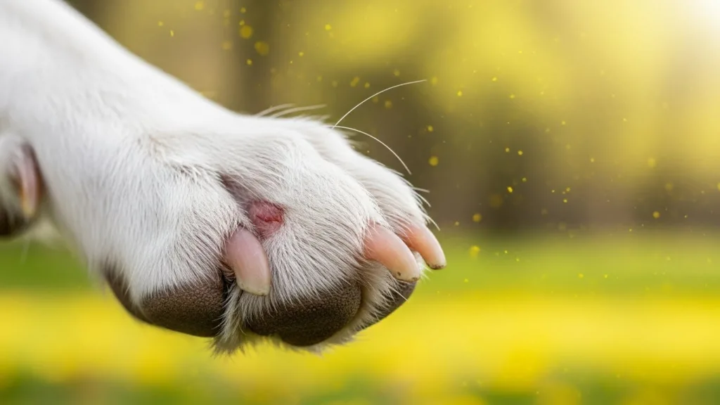 Perro con alergia en las patas y enrojecimiento por polen de primavera. Alergia en perros