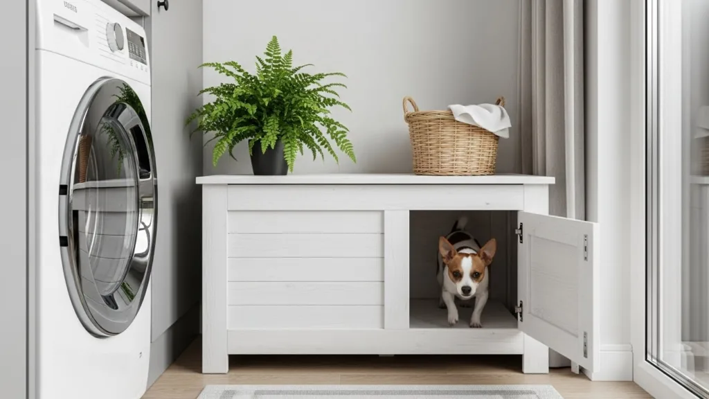 Baño para perros en departamento: Ideas para camuflar el rincón sanitario Mueble de diseño que oculta el baño para perros en un departamento moderno
