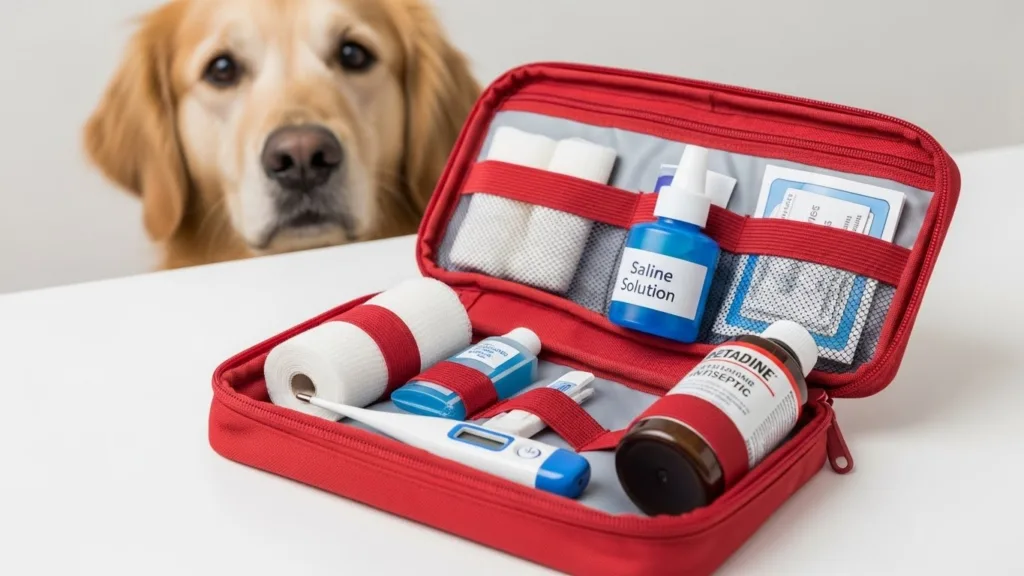 Botiquín de primeros auxilios para perros con termómetro y desinfectantes