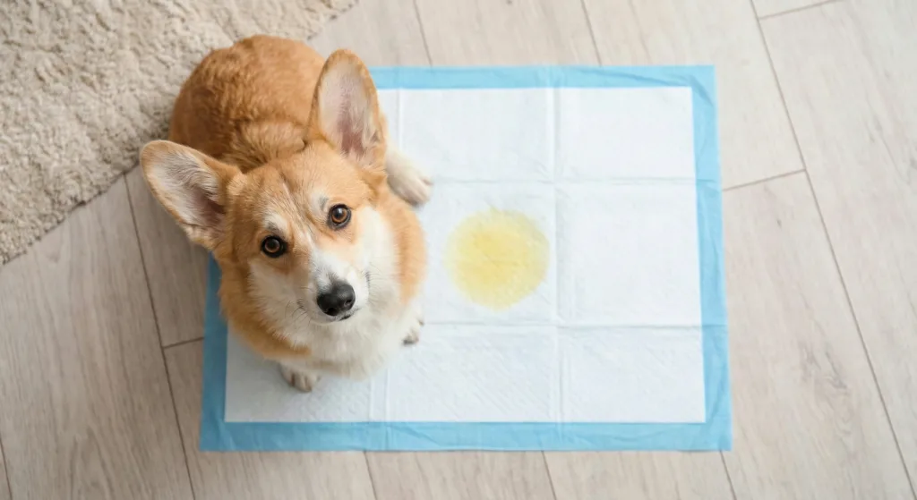Cachorro aprendiendo a enseñar a hacer pis en bandeja sanitaria en el balcón