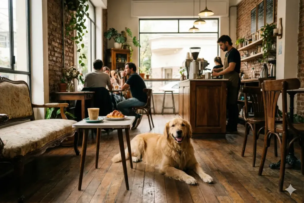 Guía Pet Friendly: Dónde ir con tu perro sin problemas en Buenos Aires Perro Golden Retriever descansando en un café, ejemplo de dónde ir con tu perro sin problemas en Palermo.