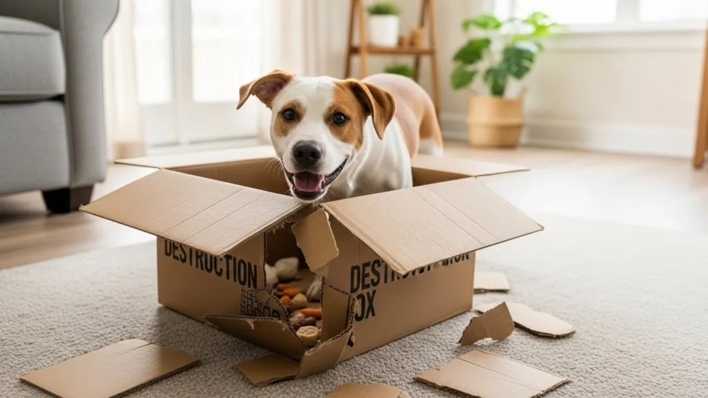 Juguetes para perros caseros: Enriquecimiento mental "gratis" con reciclaje Perro jugando con una caja de cartón como juguete casero de enriquecimiento