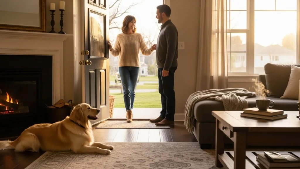 Perro educado esperando en su cama sin saltar a las visitas. Mi perro salta.