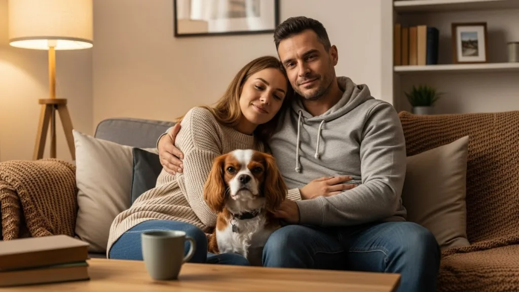 Perro celoso mirando a su dueña abrazando a su pareja en el sofá
