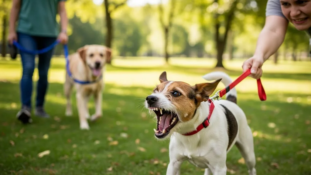 Perro pequeño ladrando a otros perros en la plaza por falta de socialización