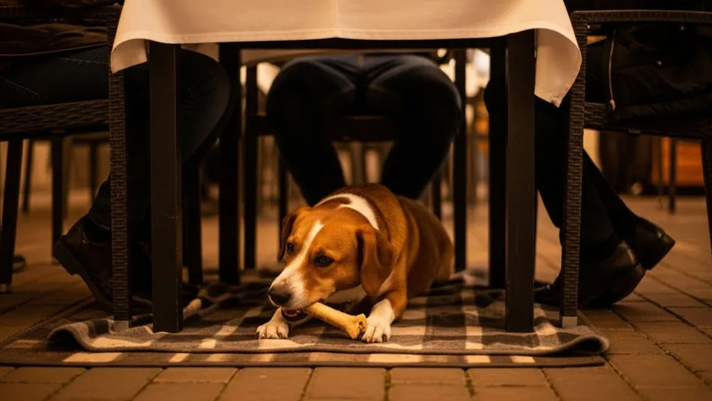 Perro comportándose bien en un restaurante echado bajo la mesa