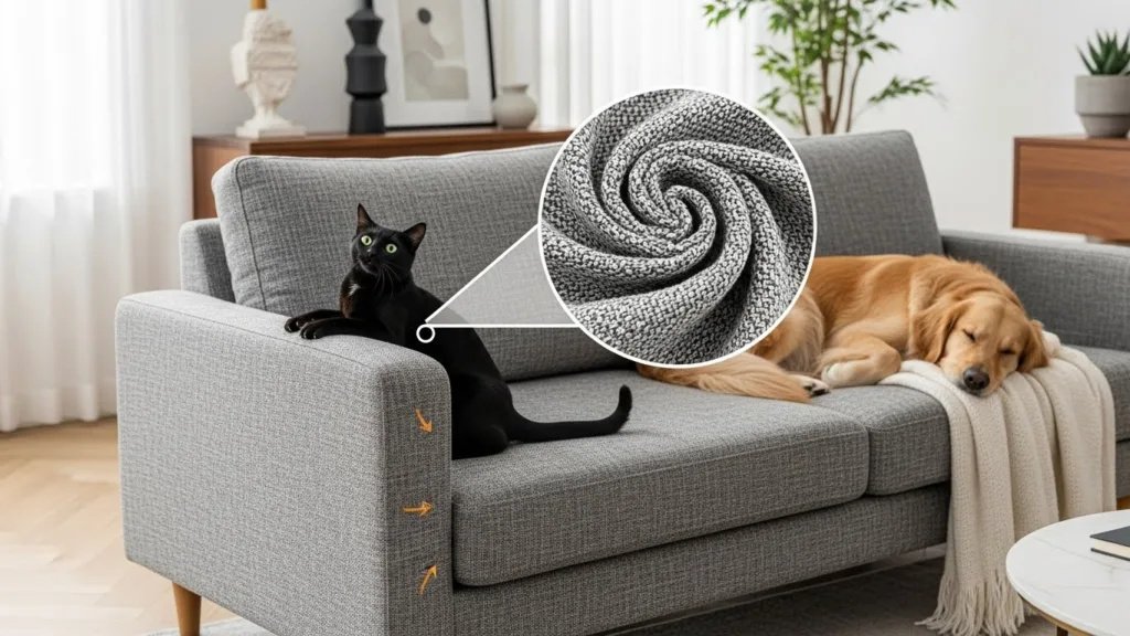 Sofás a prueba de mascotas: Guía de telas, fundas y resistencia real Gato y perro en sofá a prueba de mascotas con tela resistente Aquaclean