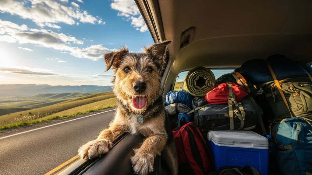 Perro viajando en auto para unas vacaciones baratas y low cost