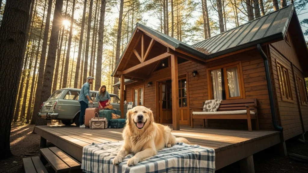 Perro descansando en una cabaña pet friendly en Argentina durante las vacaciones